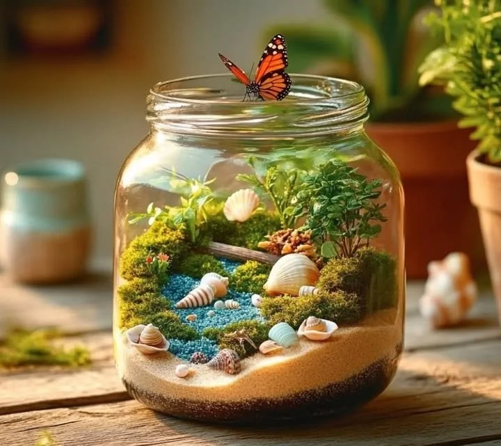 DIY summer terrarium craft with colorful plants and decorative elements.