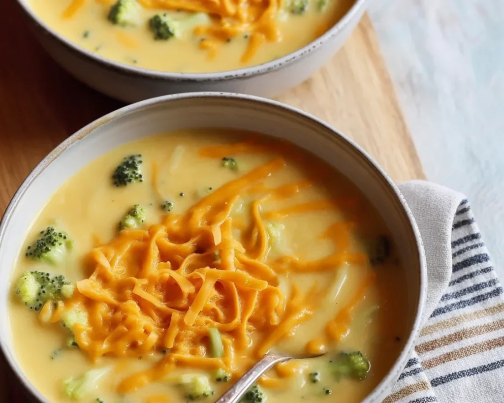 A comforting bowl of Chicken Broccoli Cheddar Soup topped with cheese and broccoli.