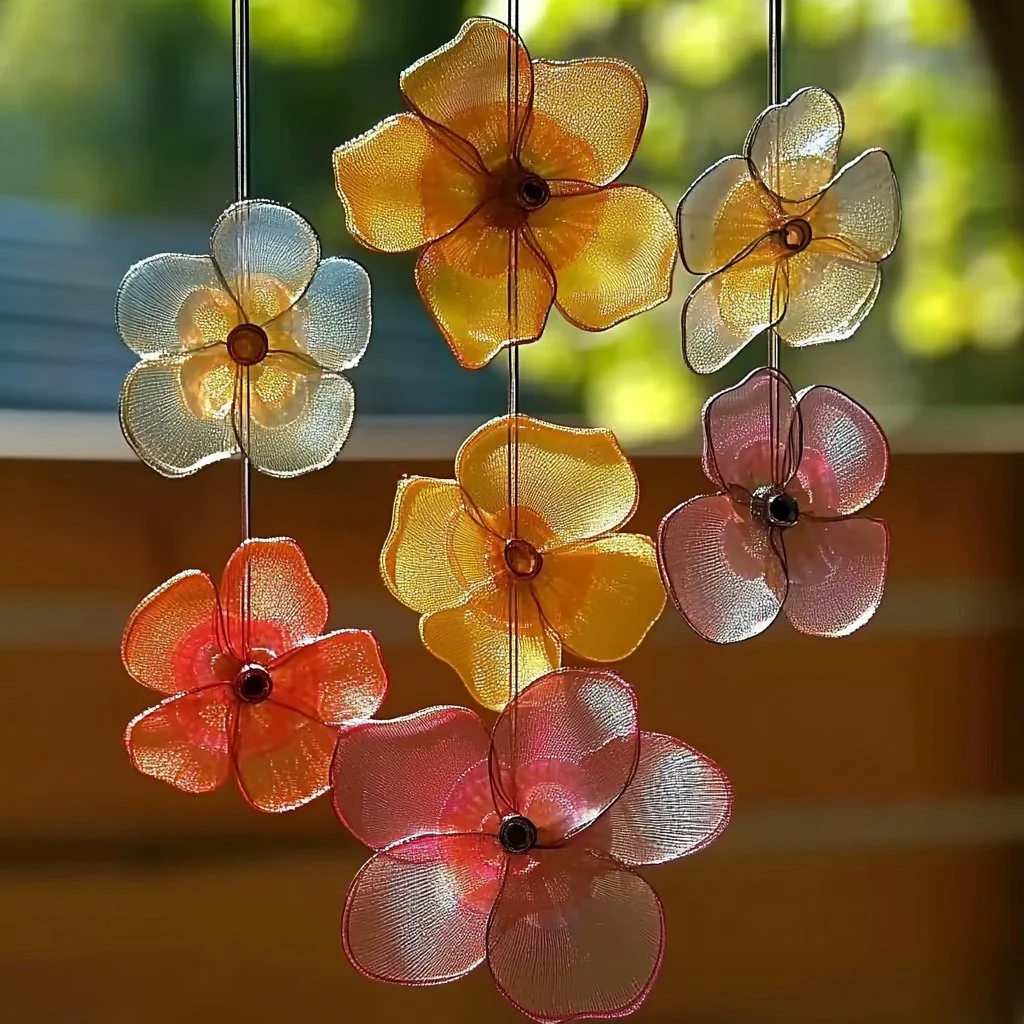Colorful wax paper flower suncatchers hanging in a sunny window