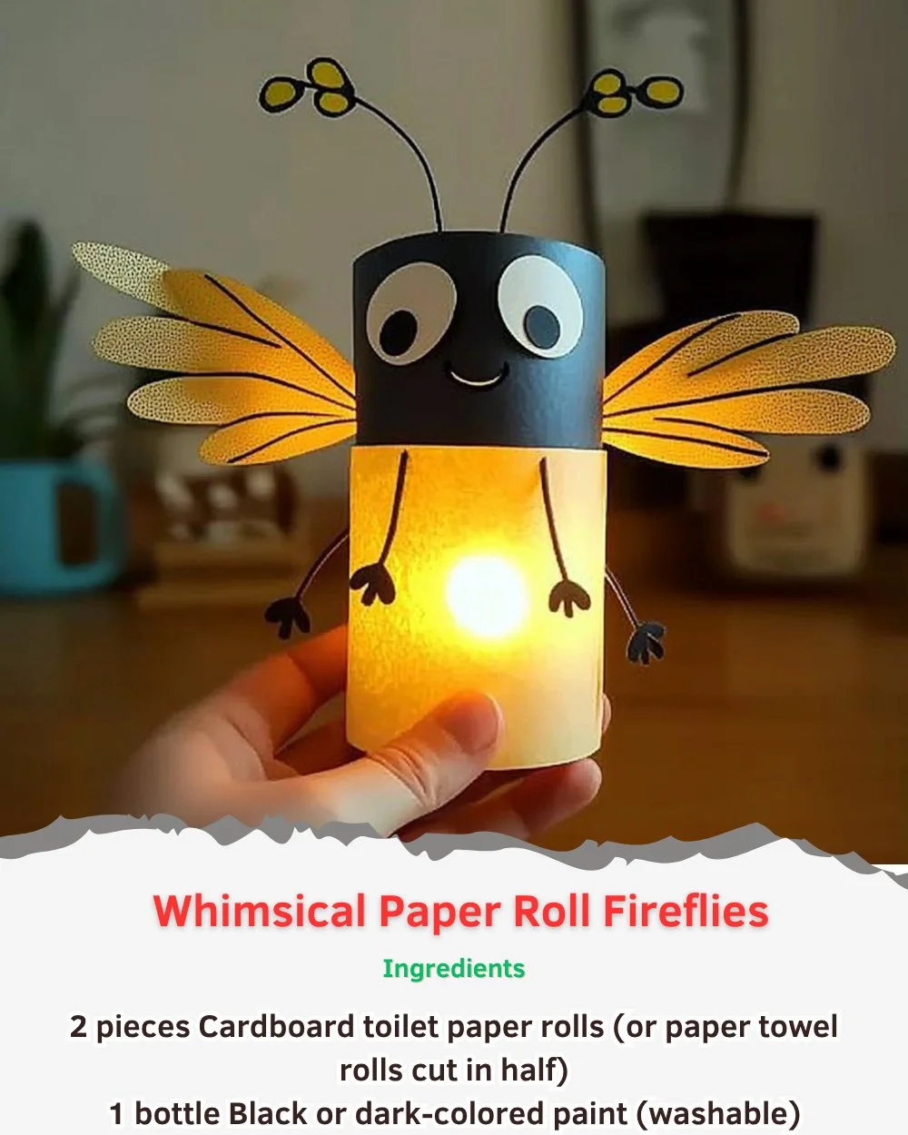 Whimsical paper roll fireflies glowing in a dark setting, showcasing creative craft ideas.