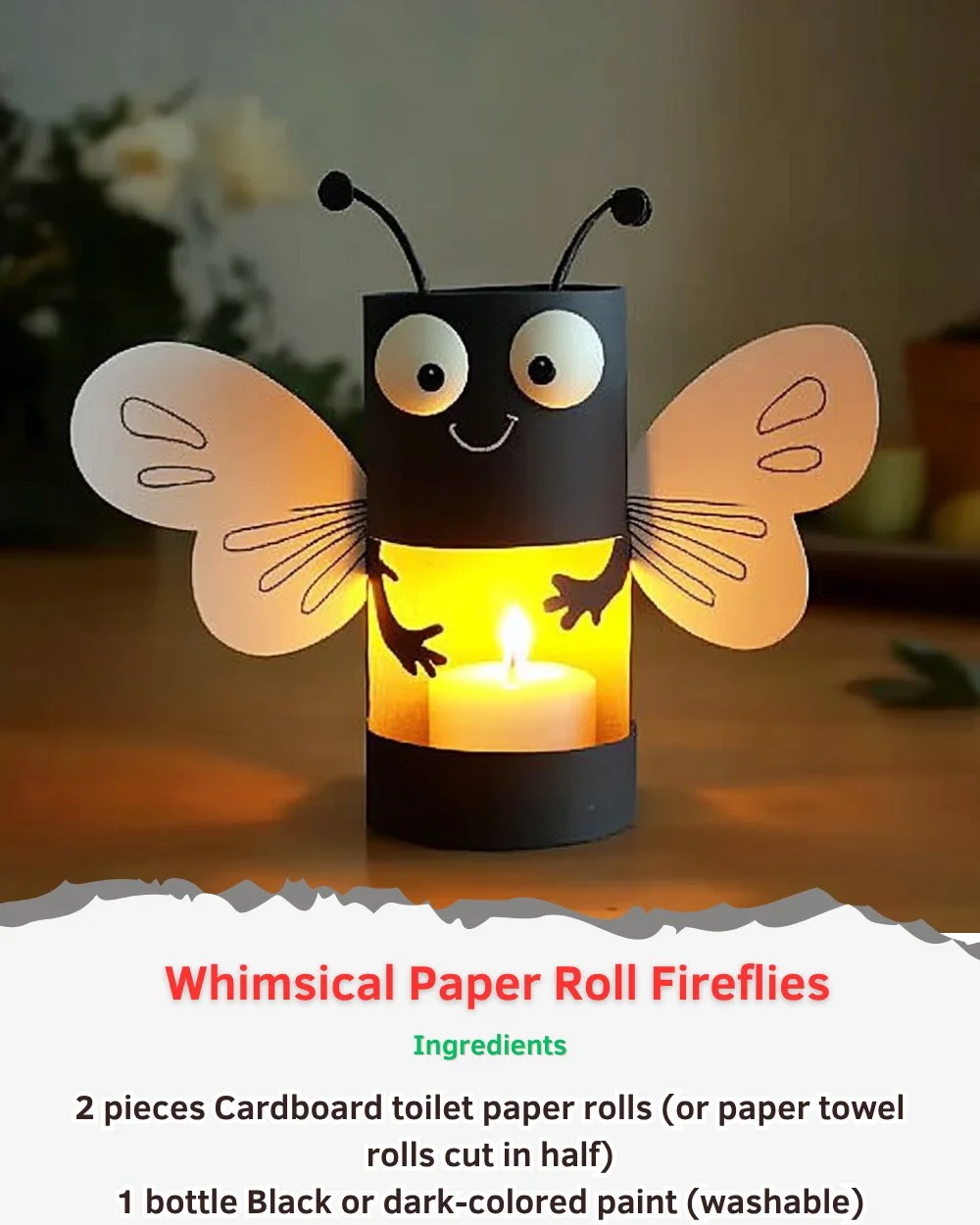 Colorful whimsical paper roll fireflies for kids' crafts and decoration