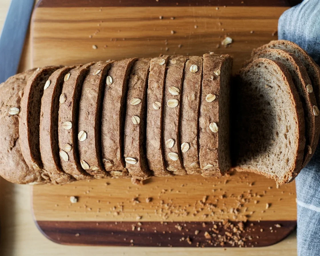 Loaf of Gluten-Free Honey Oat Bread cooling on a wire rack.