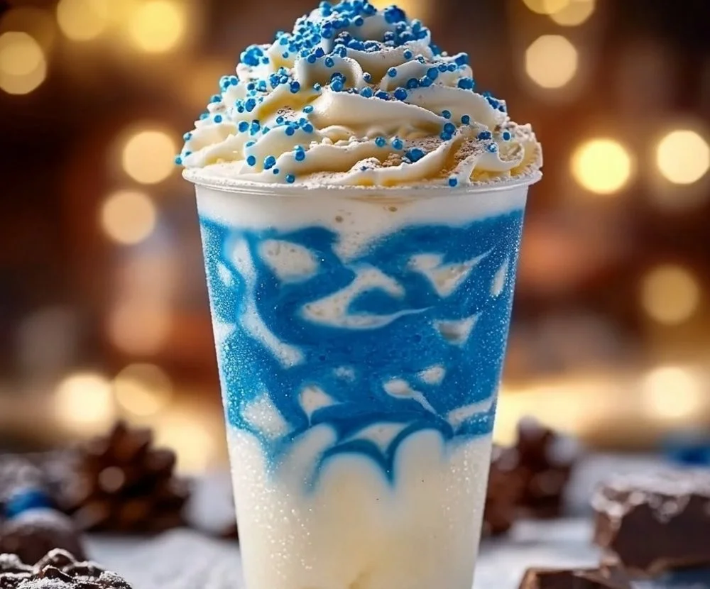 Winter Wonderland Frappuccino topped with whipped cream and festive decorations