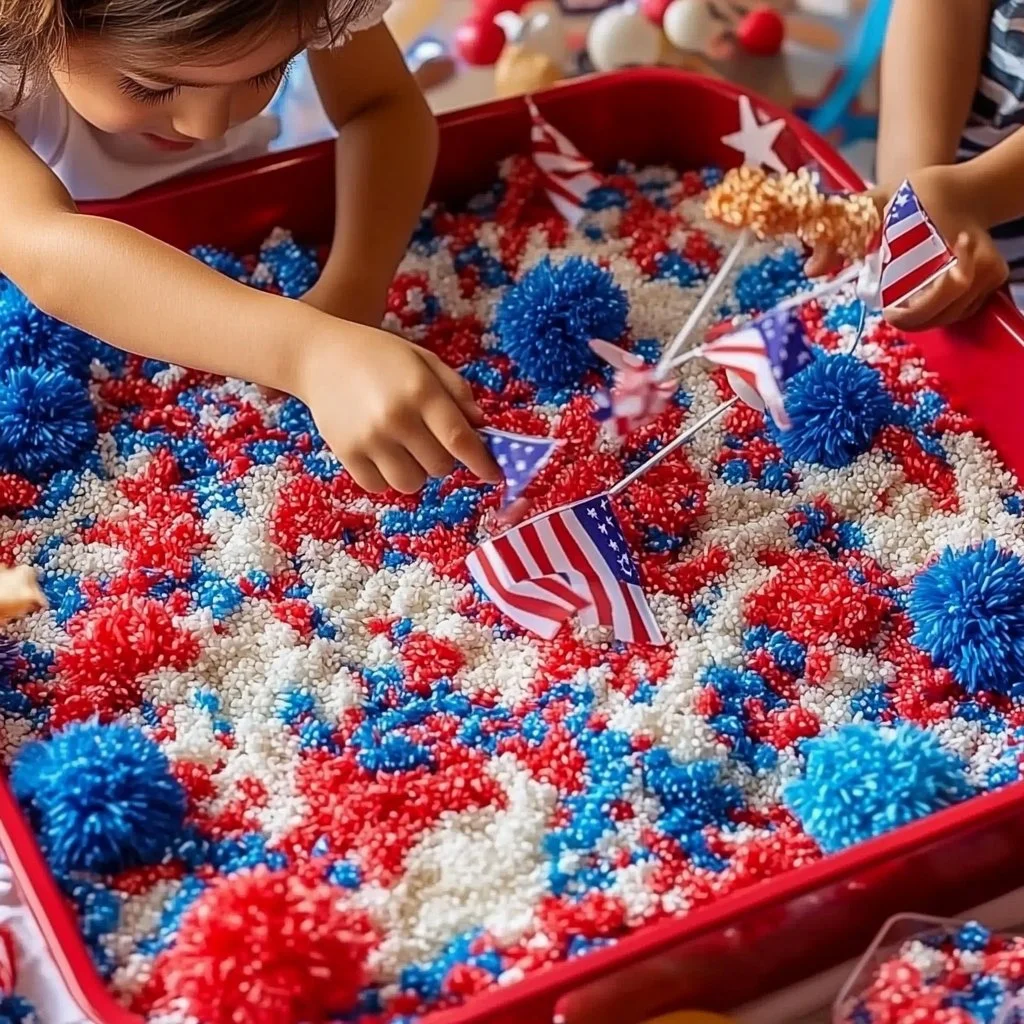 4th of July sensory bin with red, white, and blue themed materials for kids