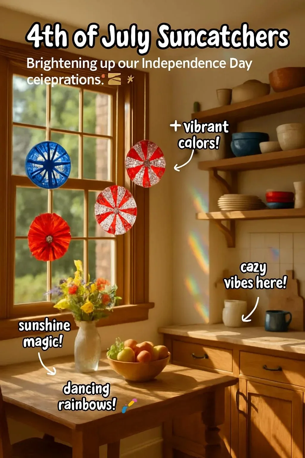 DIY 4th of July suncatchers showcasing red, white, and blue designs.