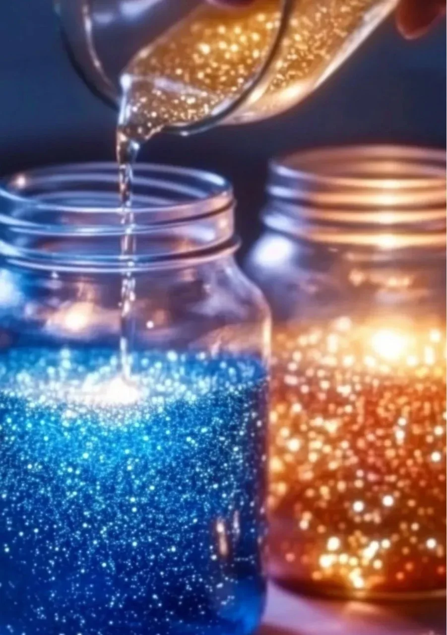 Baking soda and vinegar glitter fireworks experiment in jars