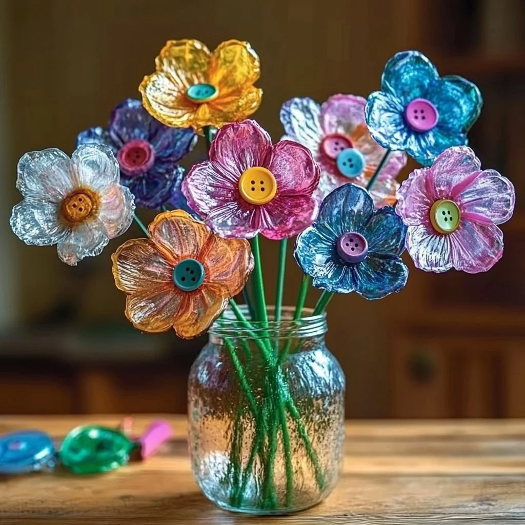 Colorful water bottle flowers arranged in a creative display.