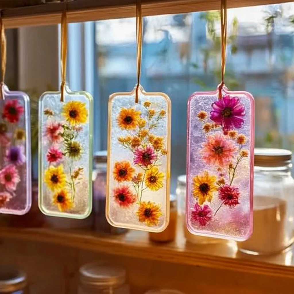 Colorful bioplastic suncatchers hanging in sunlight