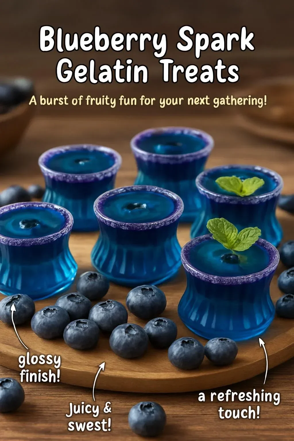 Blueberry spark gelatin treats served in colorful bowls