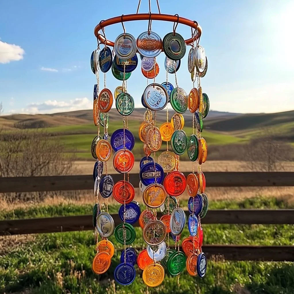 Colorful bottle cap wind chime hanging in a garden, creating soothing sounds.
