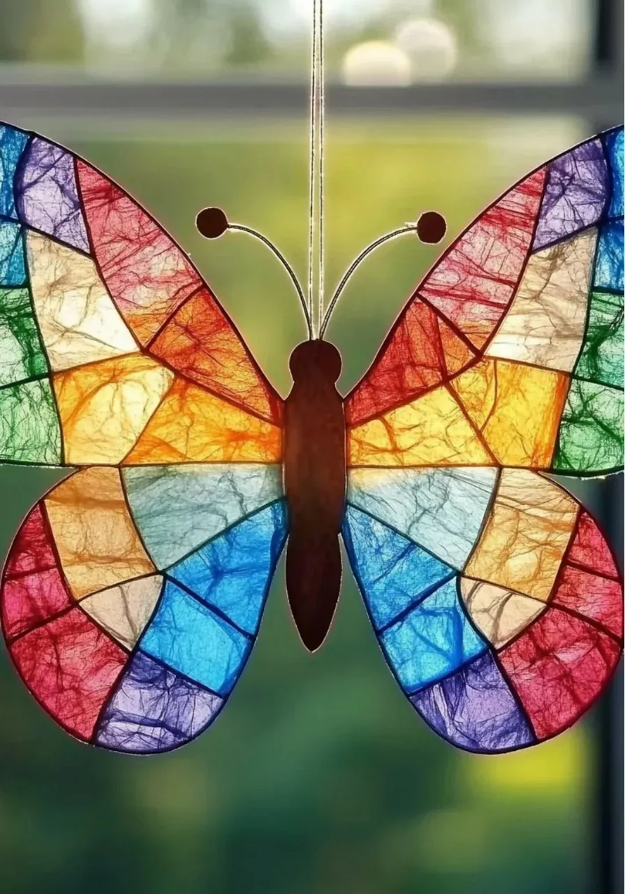 Colorful butterfly suncatchers catching sunlight and adding beauty to a window