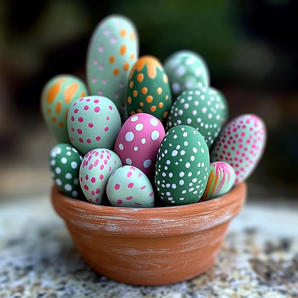 Colorful cactus painted rocks arranged in a clay pot garden