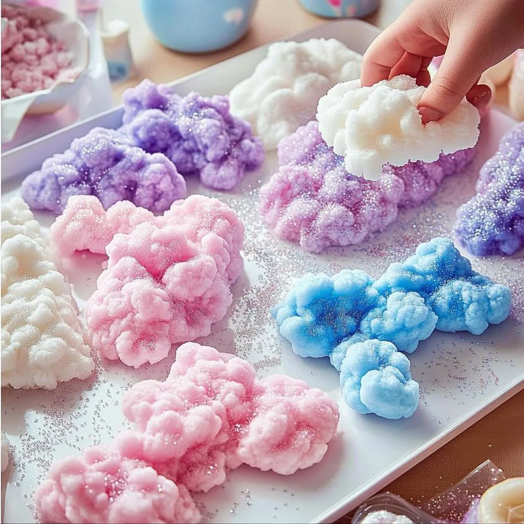 A bowl of fluffy cloud dough, a fun DIY crafting material for kids.