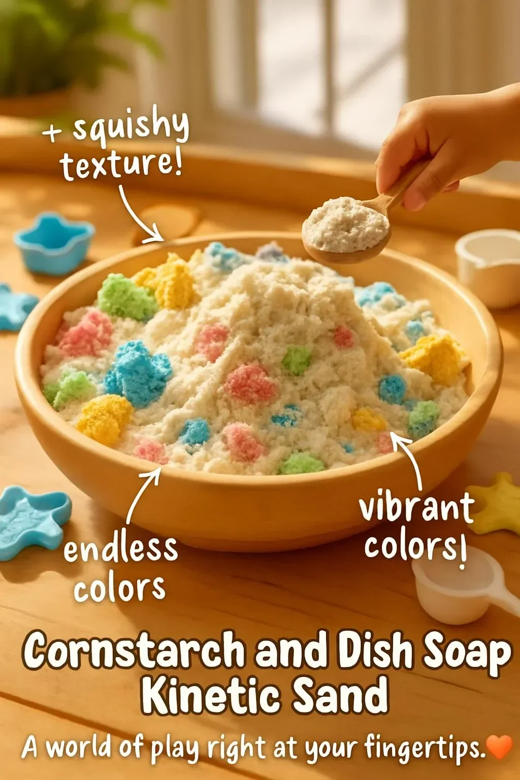 Homemade cornstarch and dish soap kinetic sand tutorial for kids
