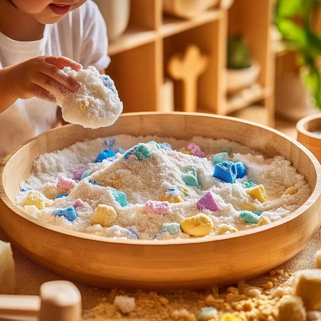 Homemade kinetic sand made from cornstarch and dish soap for kids