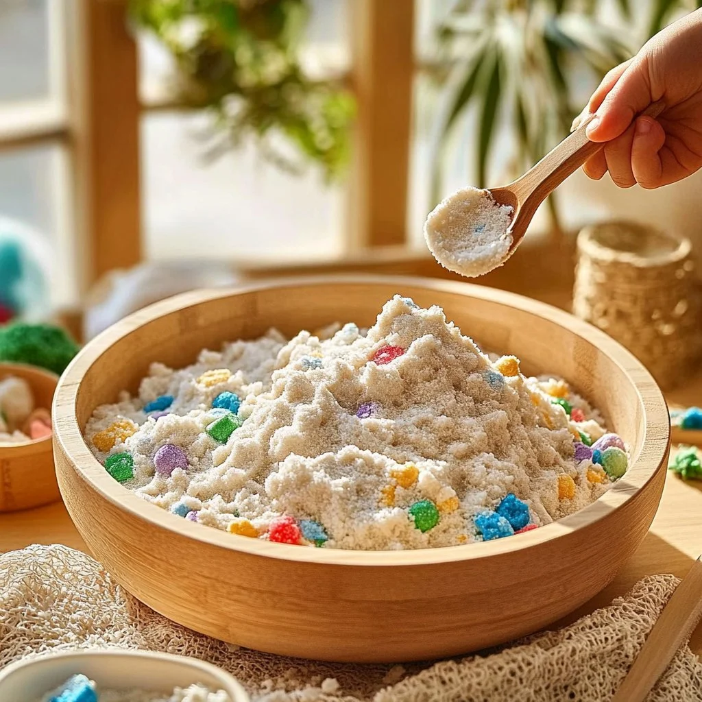 Homemade kinetic sand made from cornstarch and dish soap for sensory play.