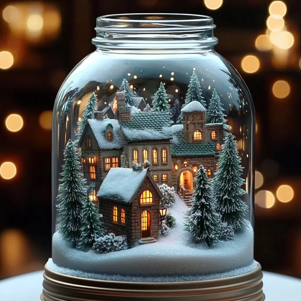 Cozy winter village scene beautifully arranged in a decorative jar