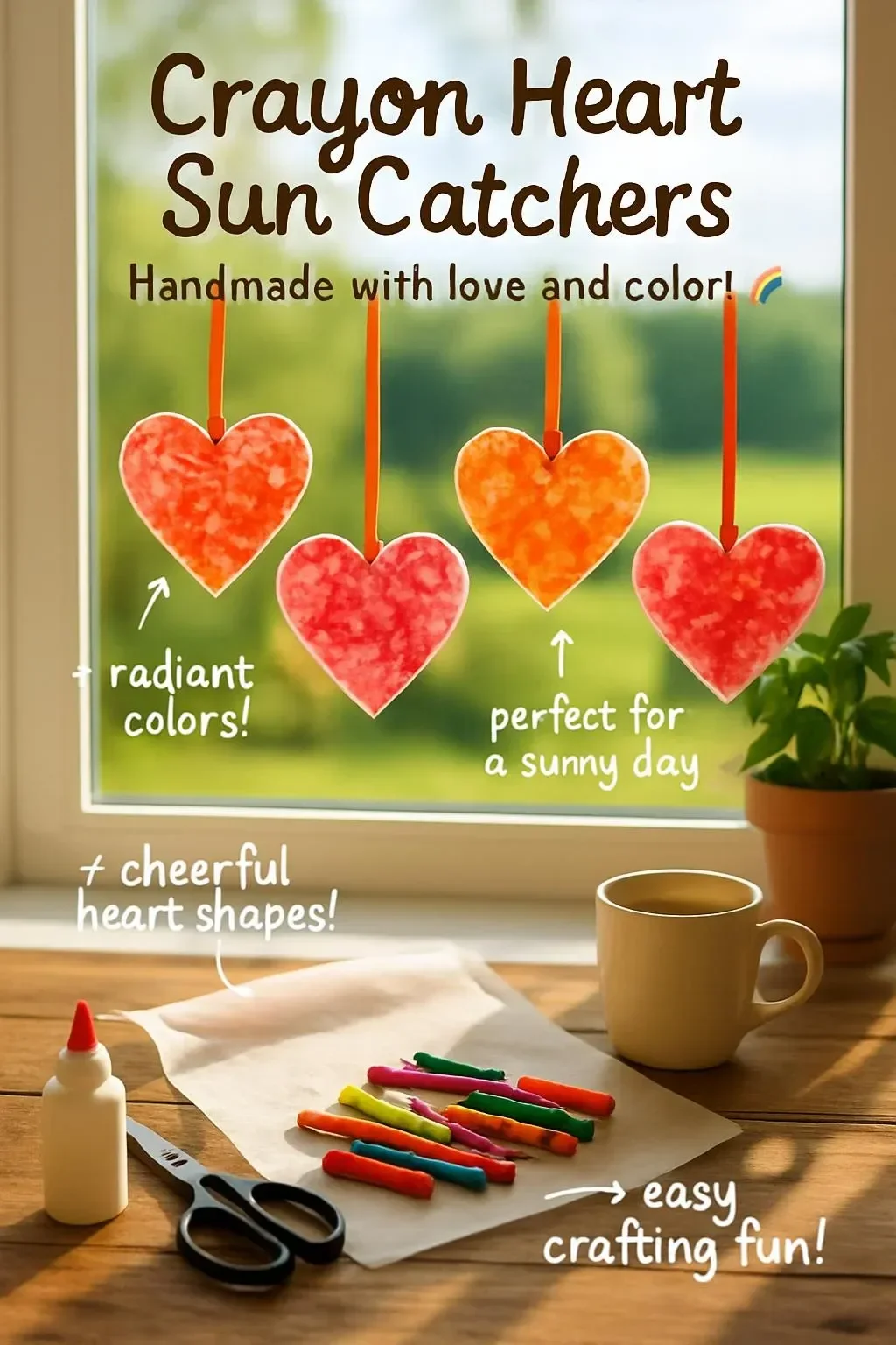 Colorful crayon heart sun catchers hanging in sunlight.