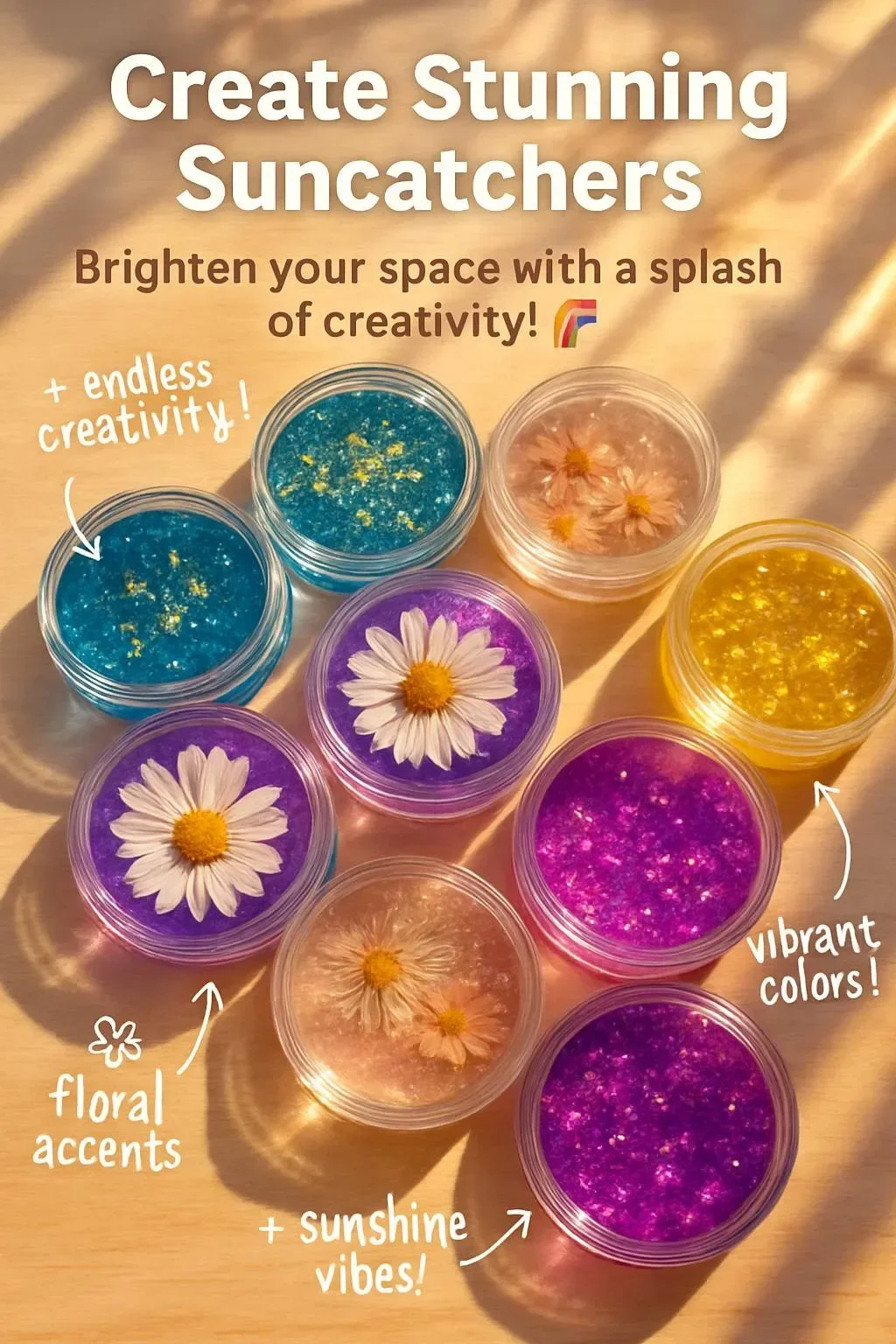 Colorful handmade suncatchers hanging in a window, sparkling in sunlight