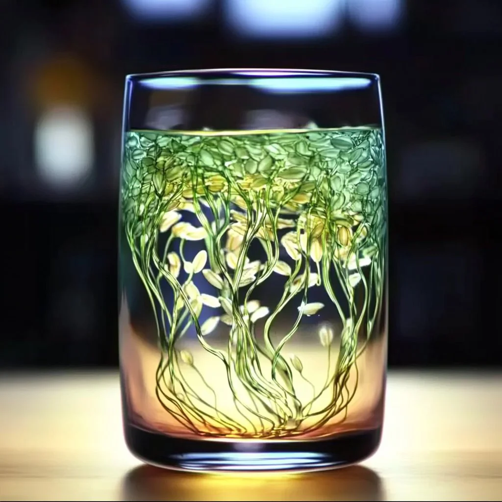 Dancing Rice experiment showcasing rice grains moving in water using baking soda and vinegar.