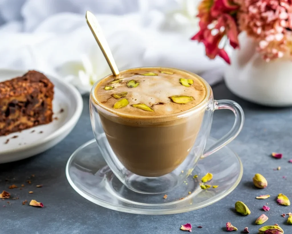 Creamy pistachio latte with espresso, milk, and pistachio syrup in a coffee cup
