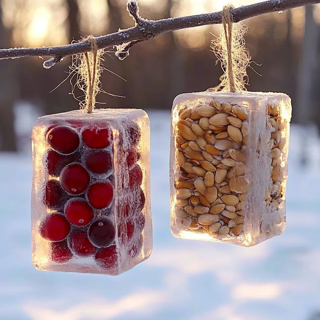 Homemade DIY birdseed ice ornaments hanging in a winter garden.