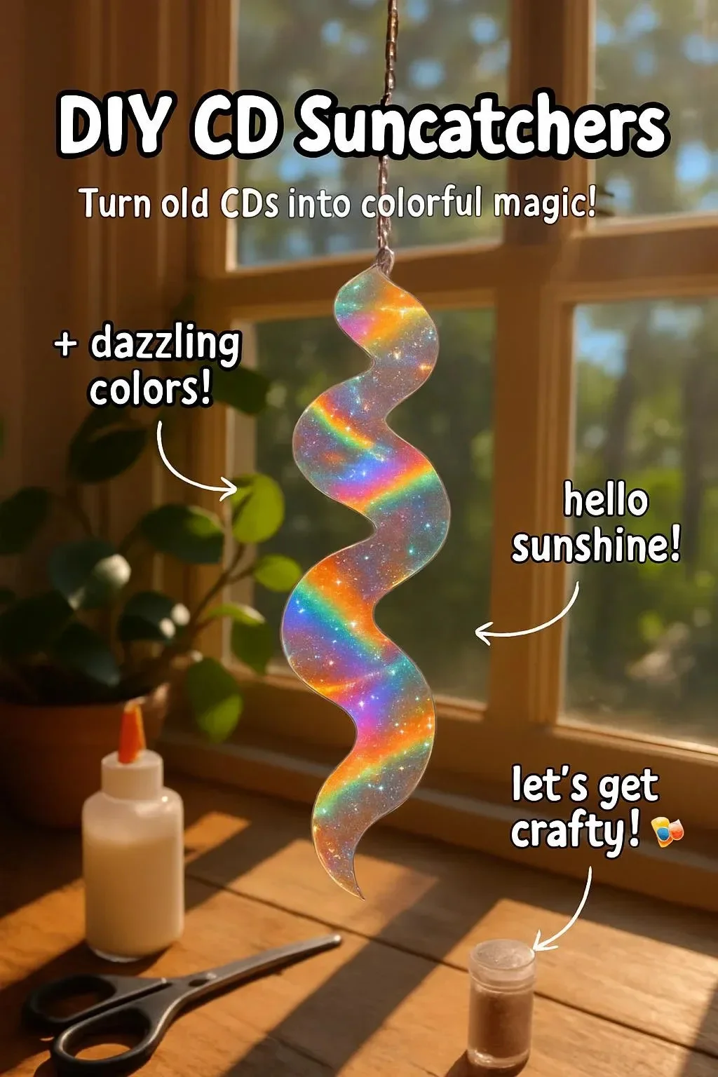 Colorful DIY CD suncatchers reflecting sunlight in a bright room.