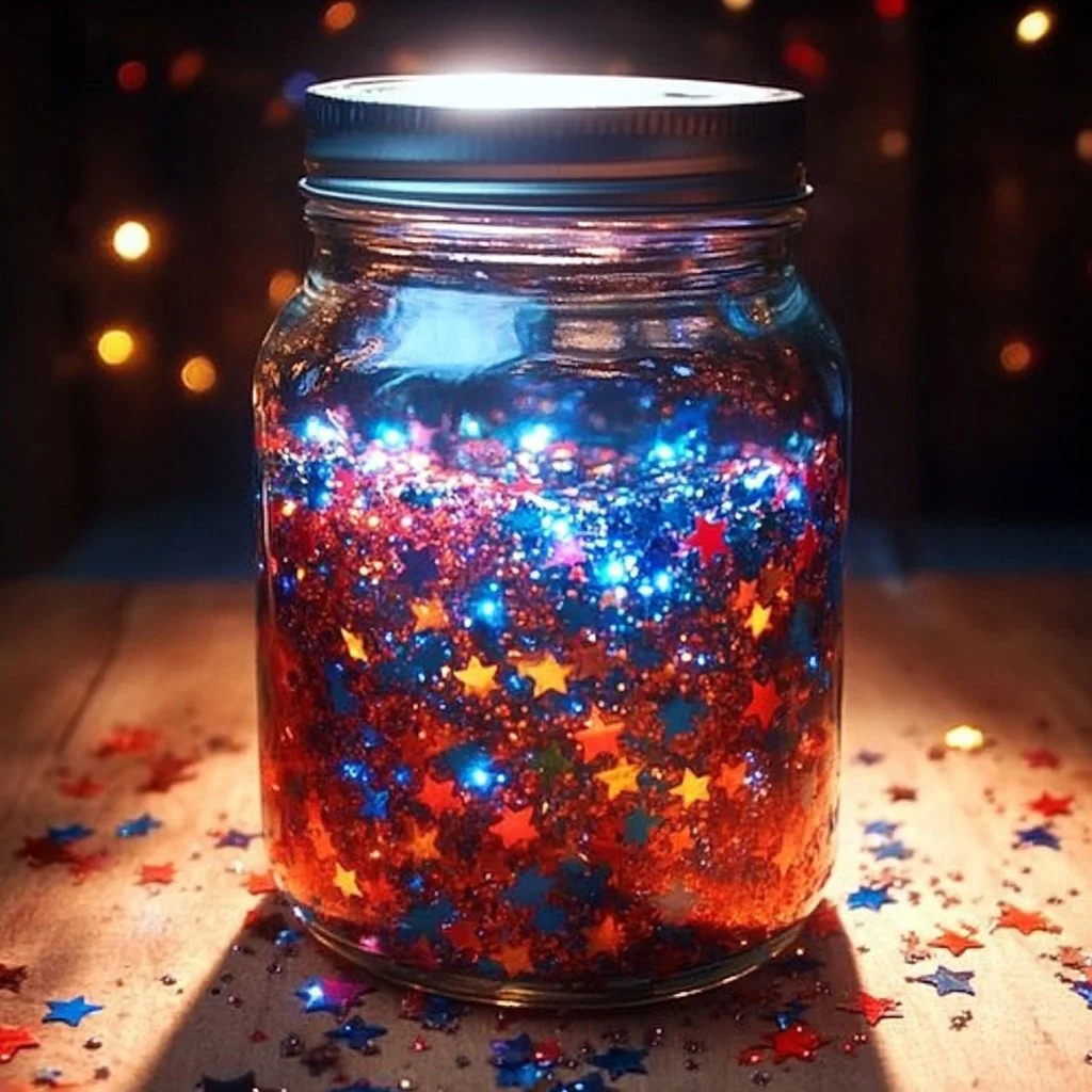 Colorful DIY craft fireworks jar filled with sparkles and decorations