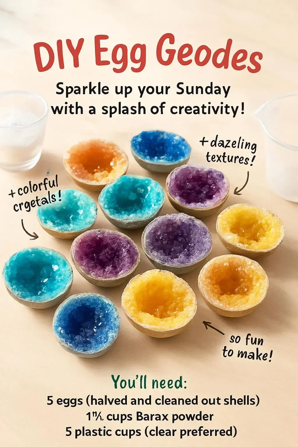 Colorful DIY egg geodes craft project with crystals and vibrant minerals