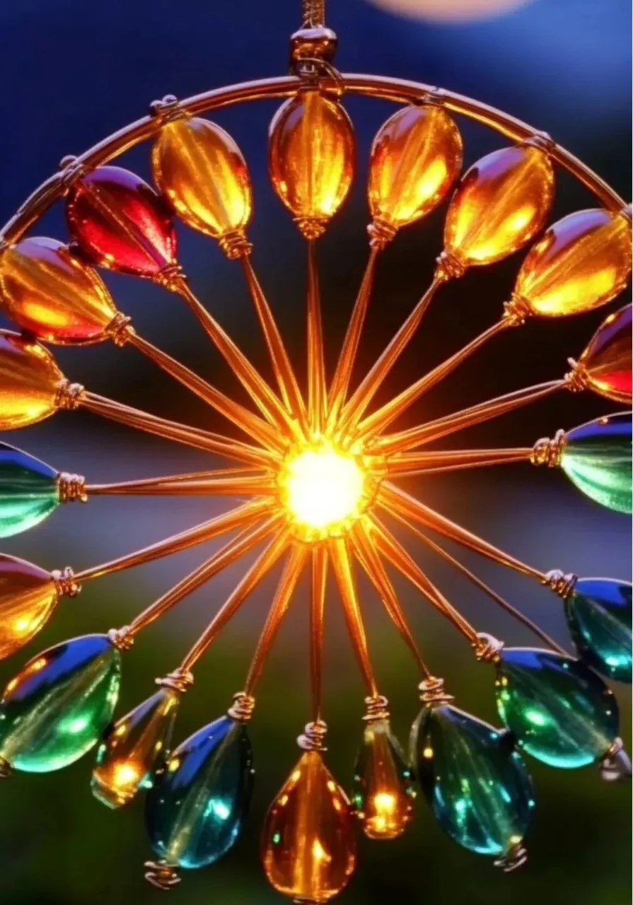 Colorful DIY firework suncatcher hanging in sunlight, creating vibrant reflections.
