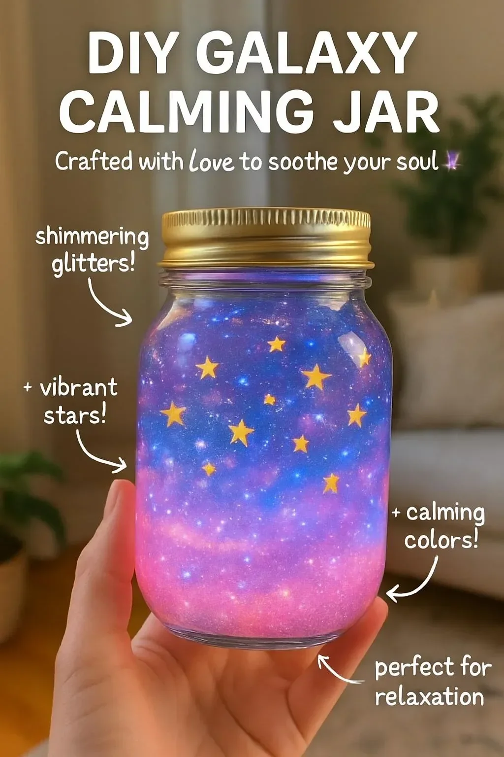 DIY galaxy calming jar filled with sparkles and colors for relaxation.