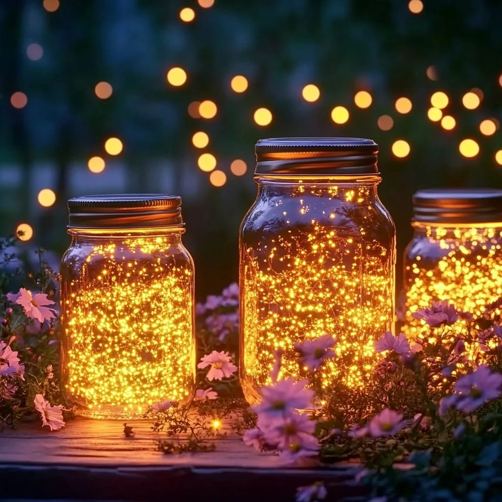 DIY glow firefly jars illuminated with glowing effects for home decor