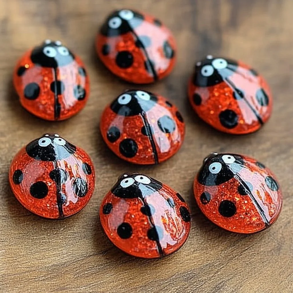 Colorful DIY ladybug magnets on a kitchen fridge