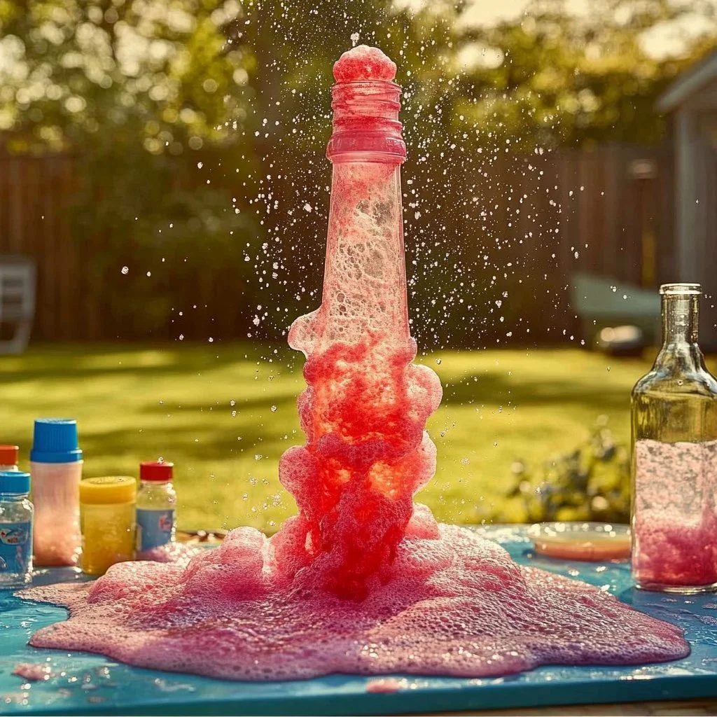 DIY mini geyser eruption experiment with bubbles in a science project