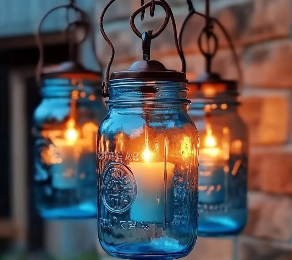 DIY outdoor chandelier hanging in a serene garden setting