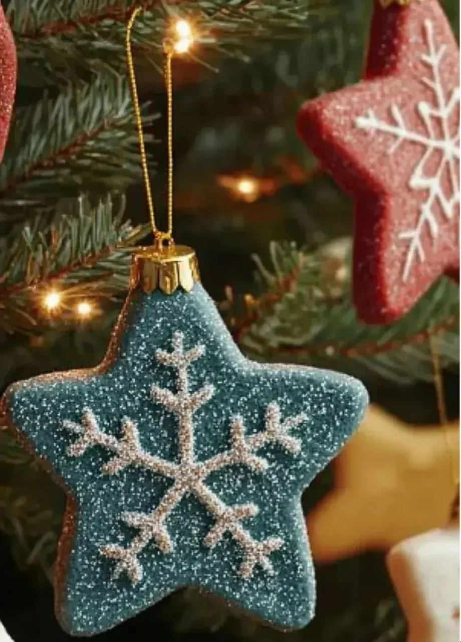 Colorful DIY salt dough ornaments hanging on a festive tree