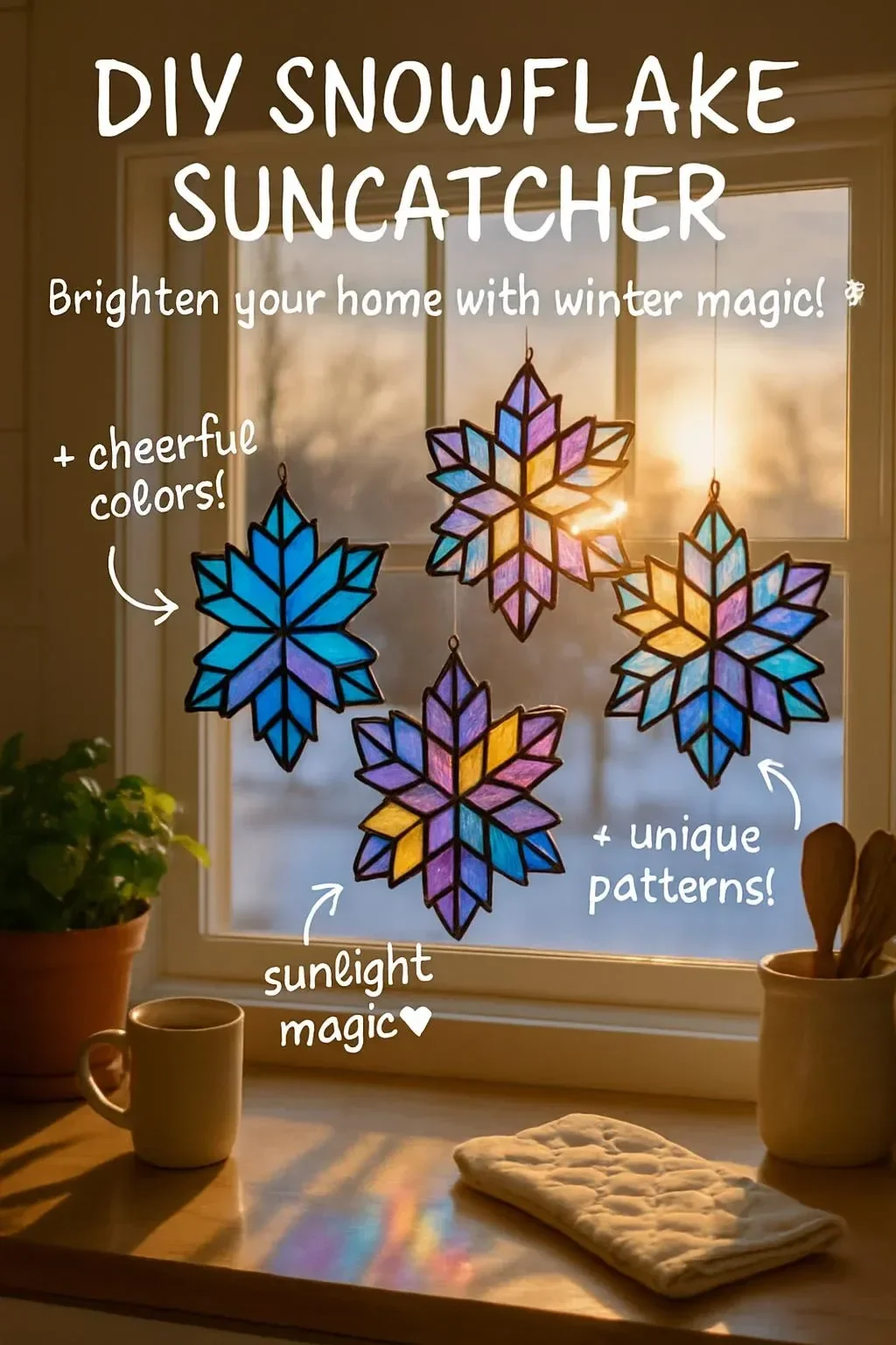 Colorful DIY snowflake suncatcher hanging in a window