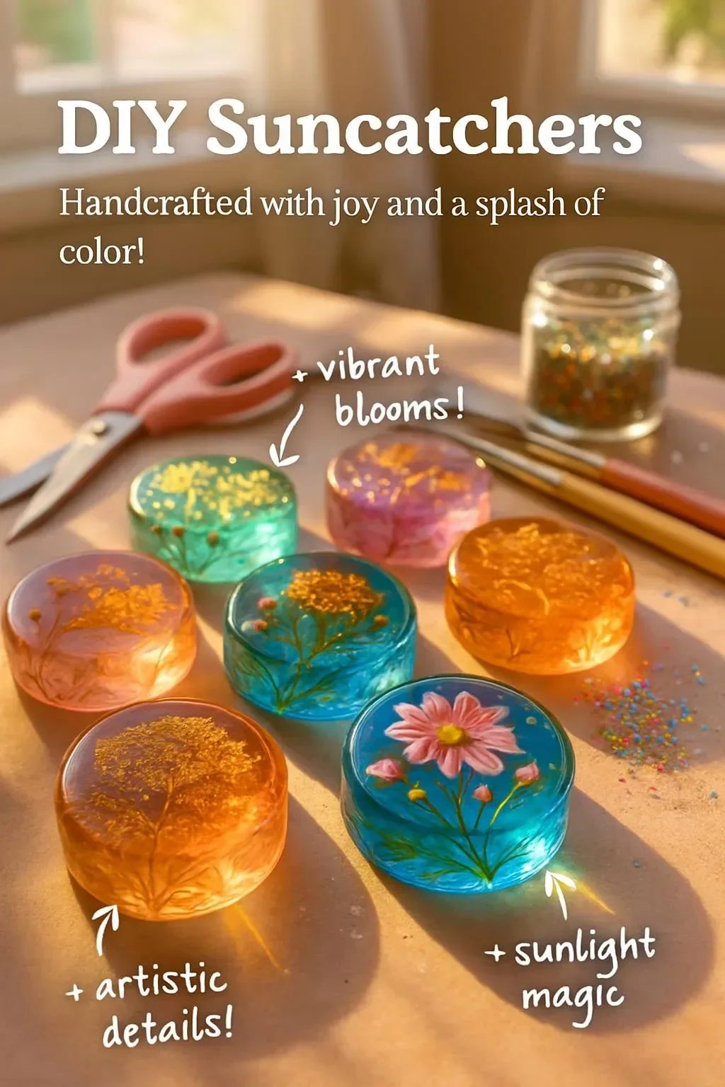Colorful DIY suncatchers reflecting sunlight in a cheerful home setting.