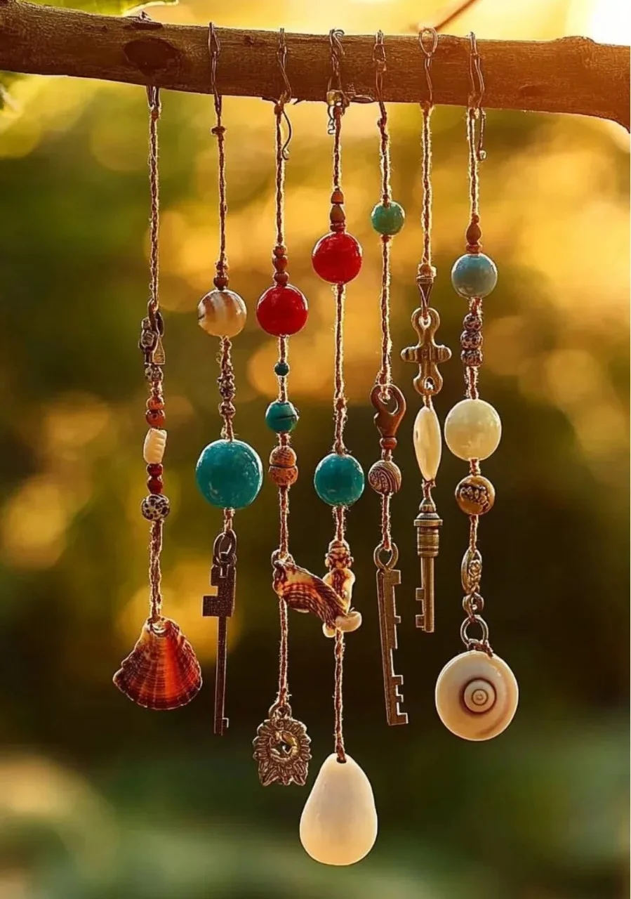 Colorful DIY wind chime hanging in a garden