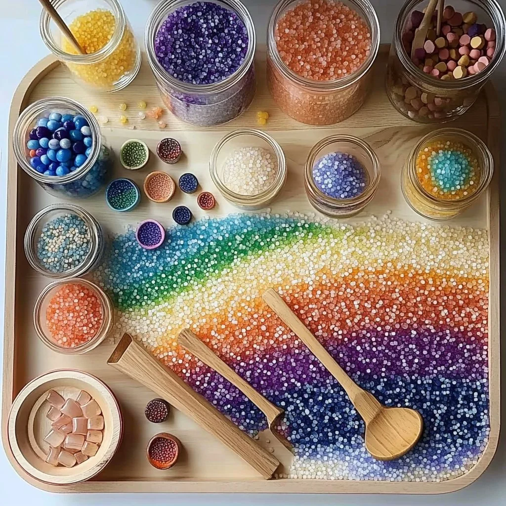 Colorful dyed rice for crafts and decorations in various colors.