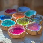 Colorful edible geode candies that resemble sparkling gemstones.