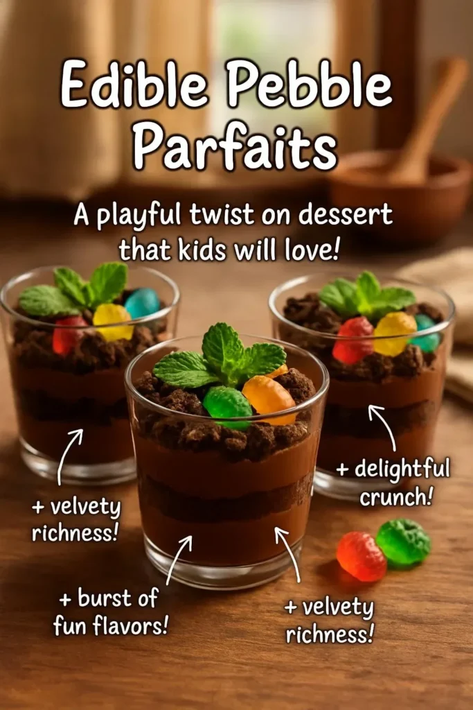 Delicious edible pebble parfaits with colorful layers and toppings.