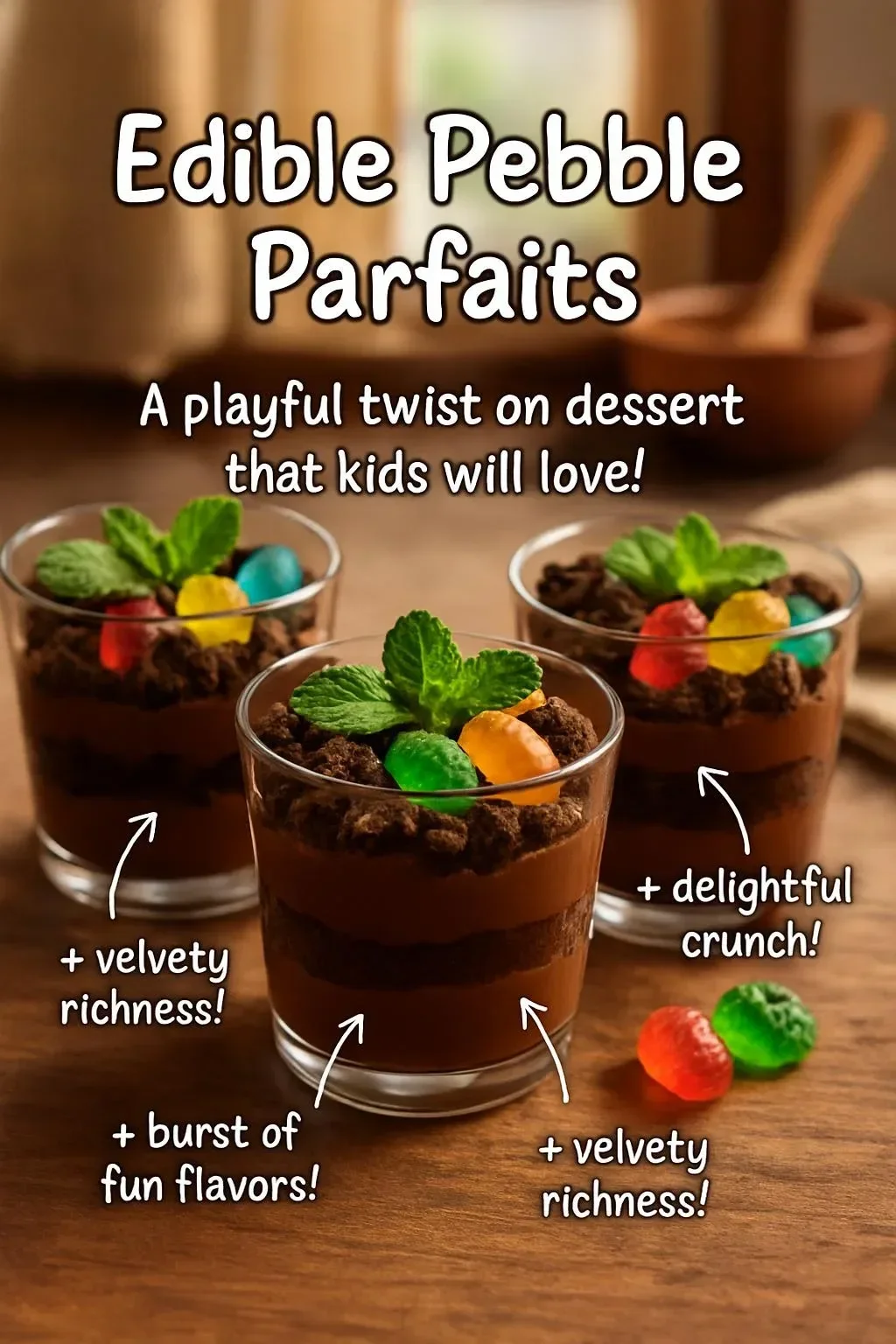 Delicious edible pebble parfaits with colorful layers and toppings.