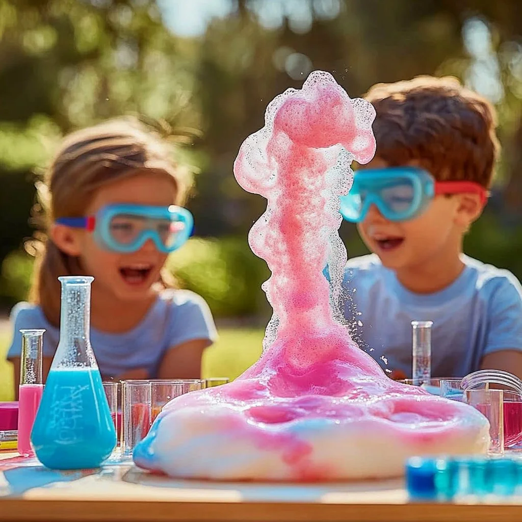 Colorful Elephant Toothpaste experiment showcasing a chemical reaction with foam