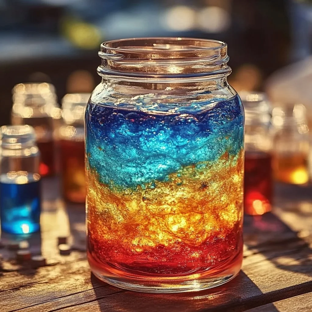 A colorful Rainbow In A Jar featuring vibrant layers of fruit and liquid.