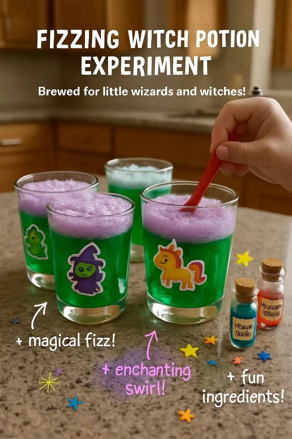 Child experimenting with a fizzing witch potion in a lab setting.