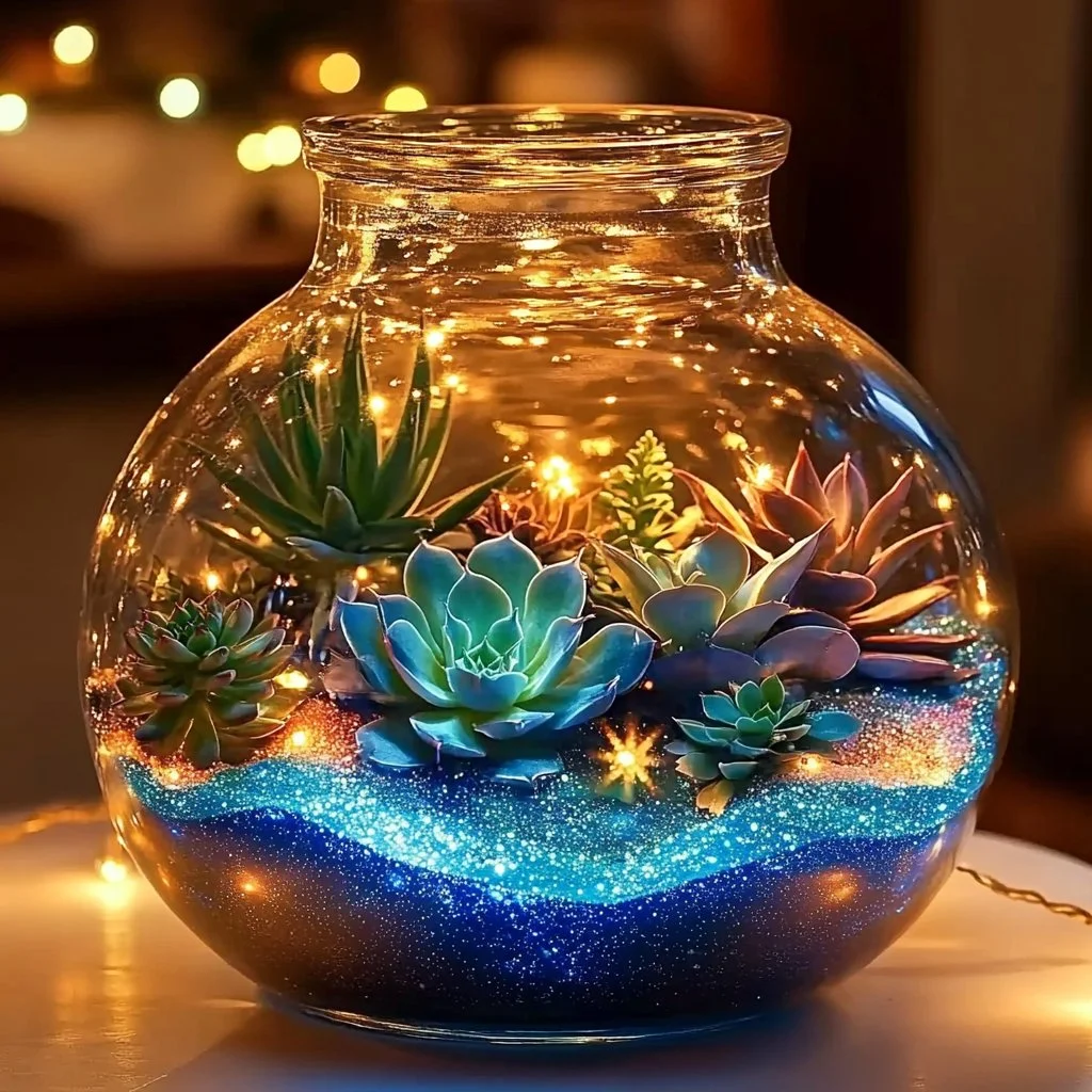 Stunning Galaxy Terrarium showcasing miniature plants and cosmic elements.