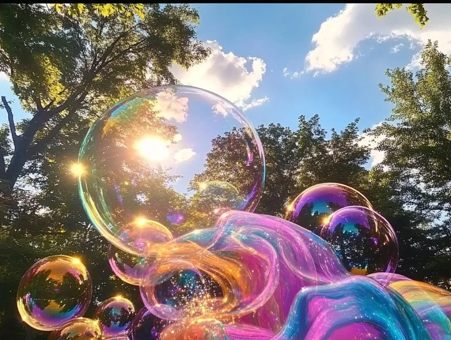 A collection of giant rainbow bubbles floating in the air