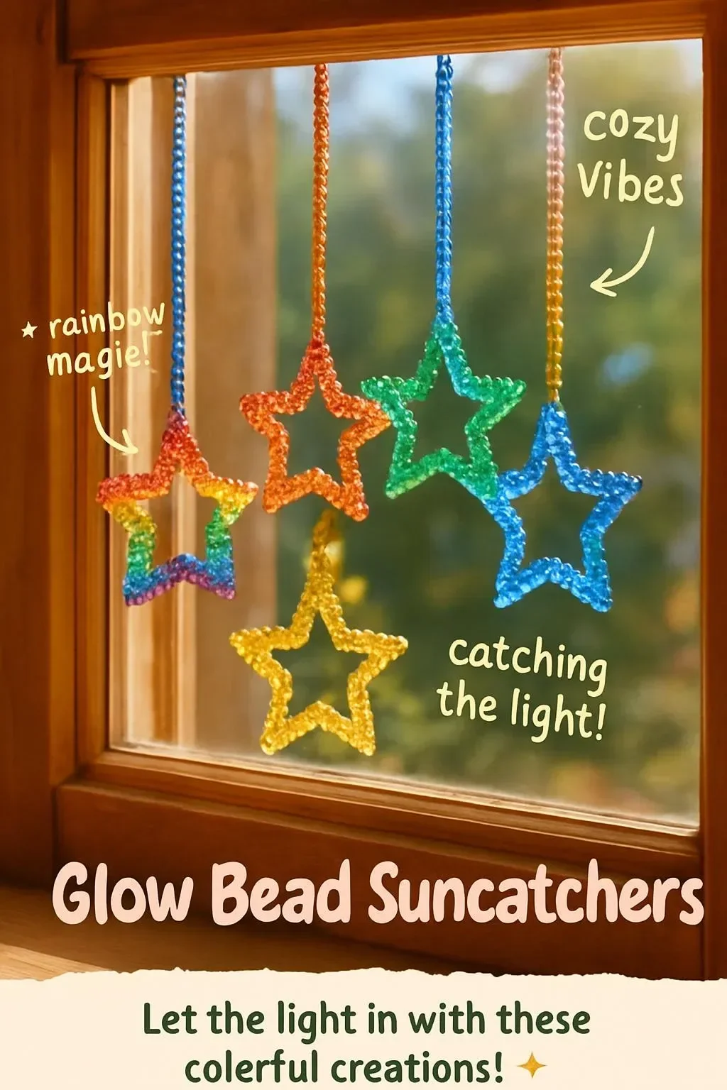Colorful glow bead suncatchers hanging in sunlight, creating vibrant reflections.