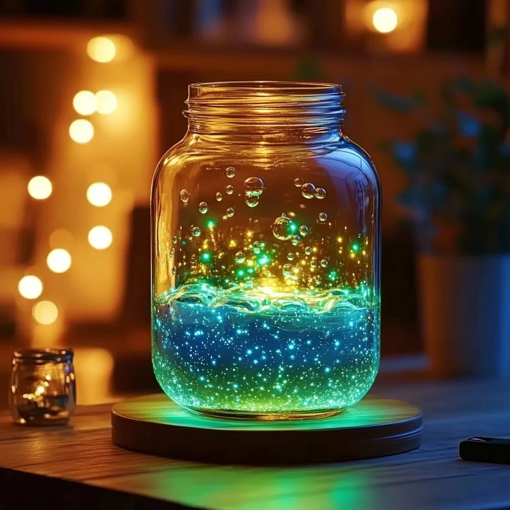 Glow Bubble Lamps emitting colorful light and bubbles in a cozy setting.